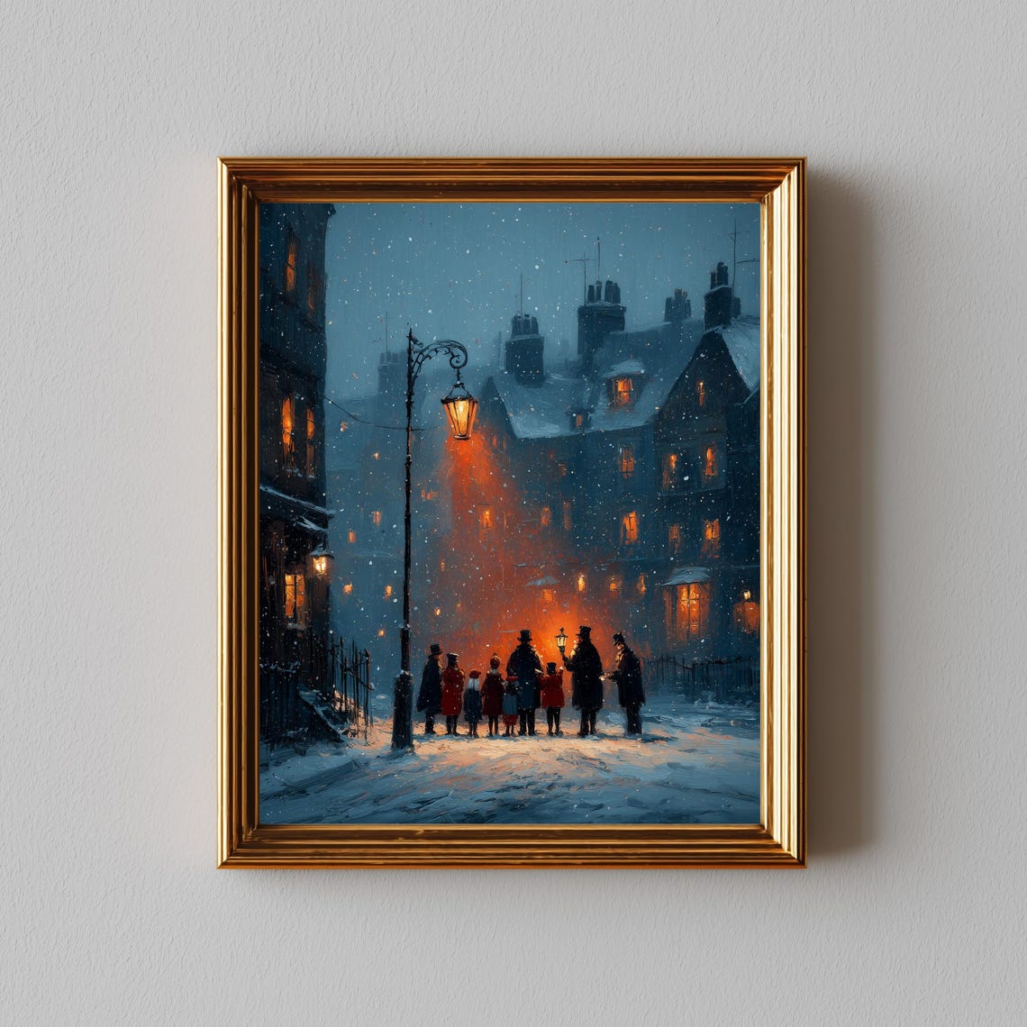 Victorian Carolers In Snow Poster With Gas Lamp Street Scene