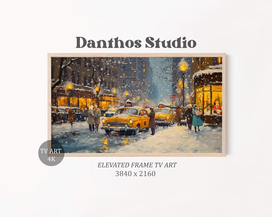 Vintage New York Winter Street Snowy Yellow Taxis Night Scene Painting Poster