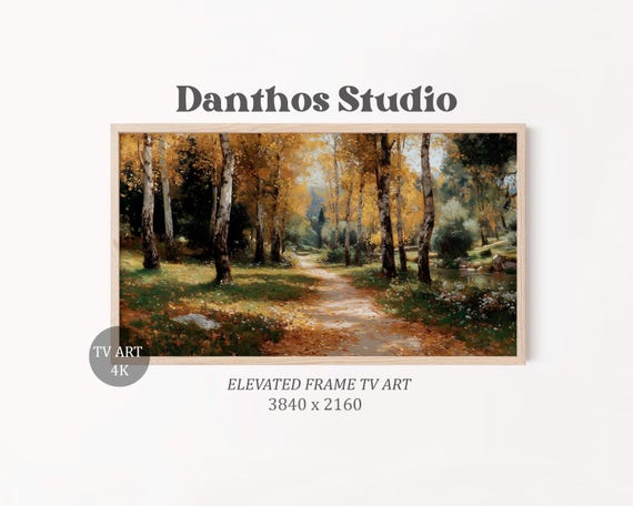Rustic Autumn Landscape Tv Art Birch Tree Pathway Wall Decor Golden Foliage Scene For Frame Cozy 72