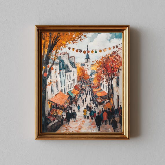 Autumn Festival In Small Town Festive Main Street Painting Cozy Rustic Fall Art Leafy Trees Vintage Market Scene Decor 417