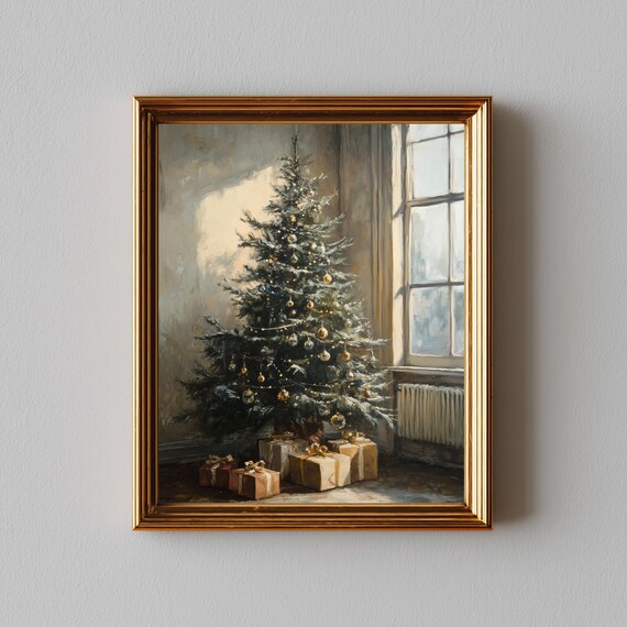 Elegant Christmas Tree Gold Ornaments Window Light Painting Poster
