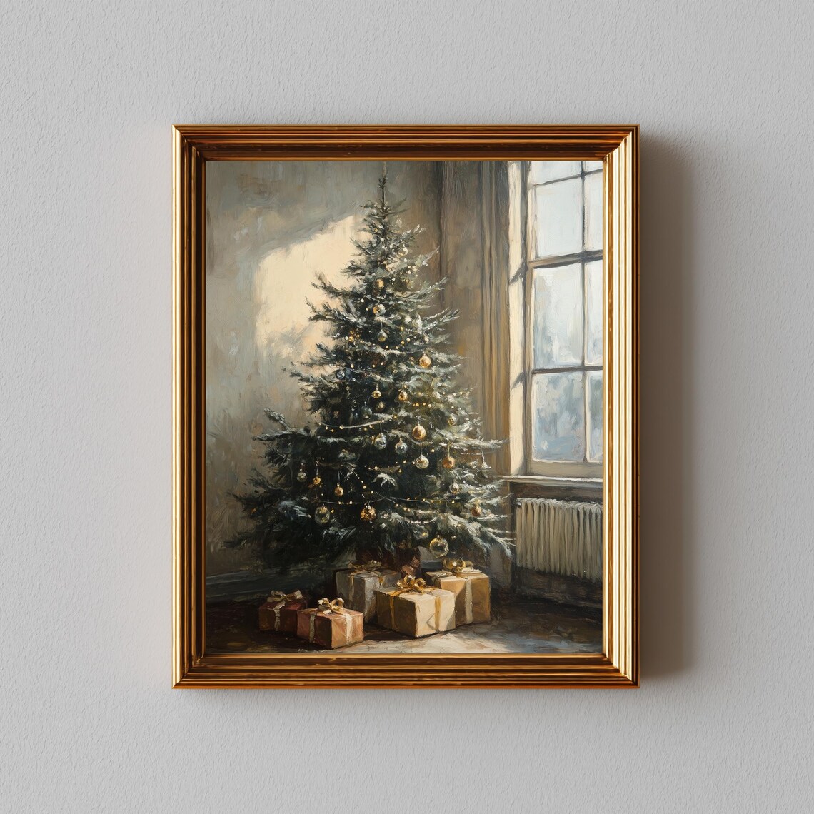 Elegant Christmas Tree Gold Ornaments Window Light Painting Poster