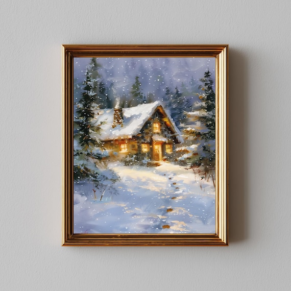 Cozy Snow Cabin at Night Glowing Windows Winter Woods Poster