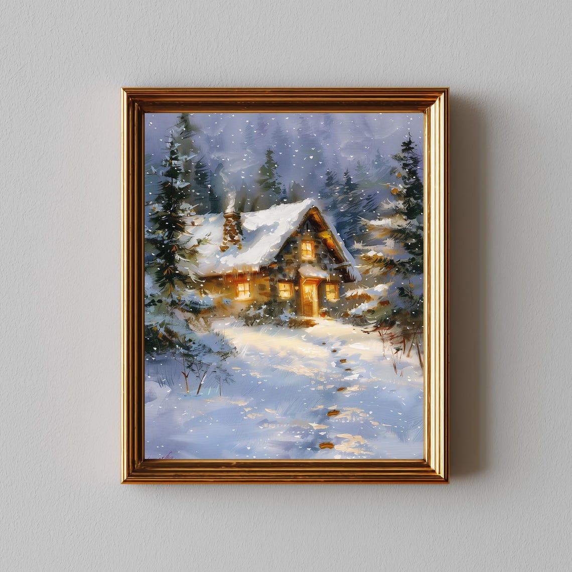 Cozy Snow Cabin at Night Glowing Windows Winter Woods Poster