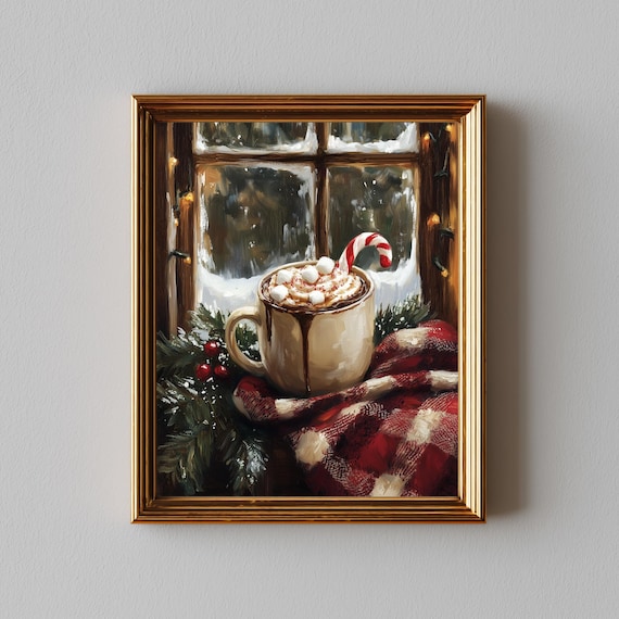 Hot Chocolate Mug With Marshmallows and Candy Cane by Snowy Window Poster