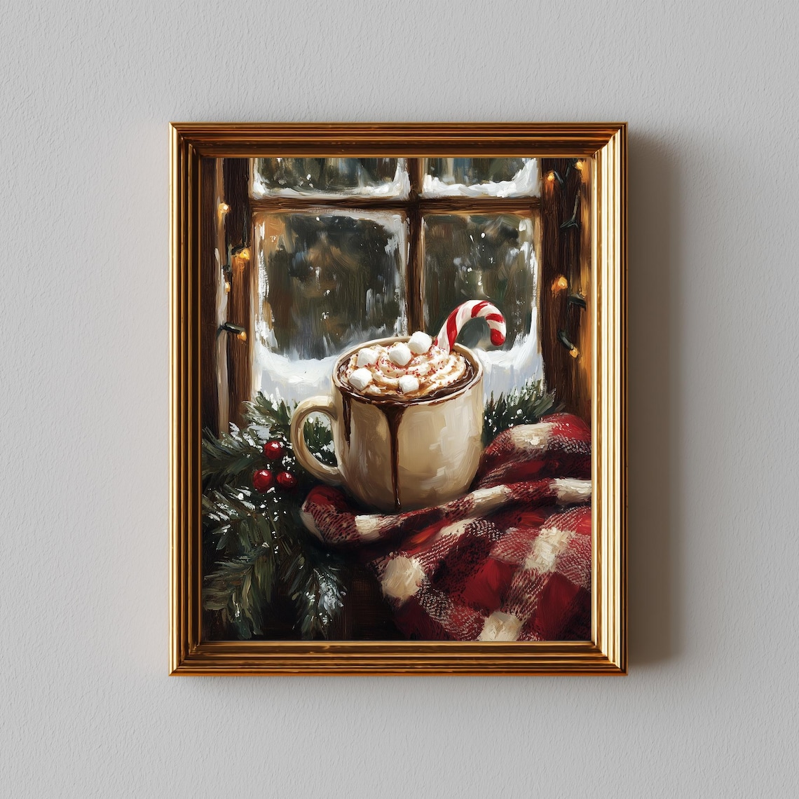 Hot Chocolate Mug With Marshmallows and Candy Cane by Snowy Window Poster