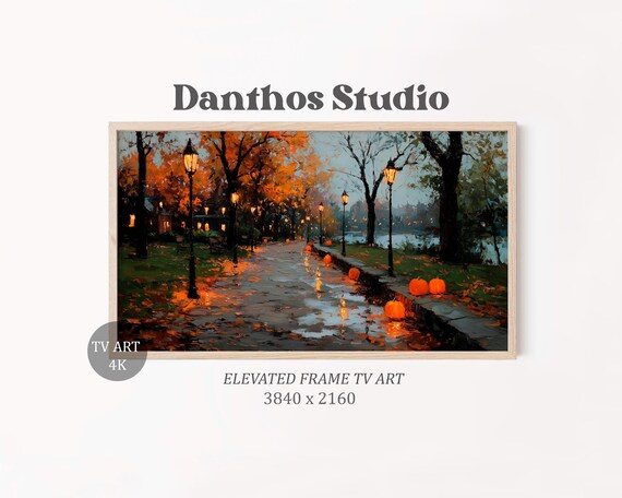 Rustic Autumn Pathway Painting Pumpkins And Lanterns Tv Art Moody Fall Decor Frame Cozy Spooky Wall 60