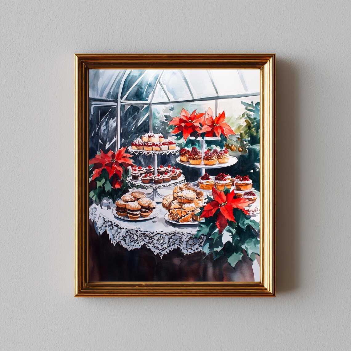 Christmas Morning Tea Party Festive Watercolor Painting Poster