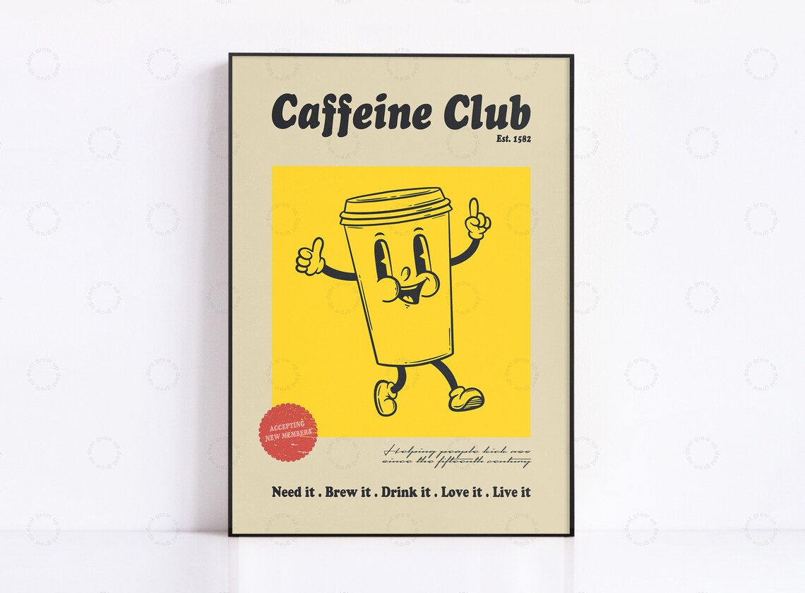 Coffee Caffeine Club Retro Bar Decor Poster