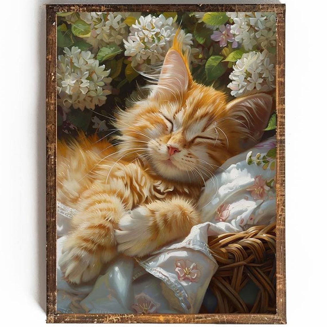 Orange Tabby Kitten Sleeping In Basket Among White Lilac Print