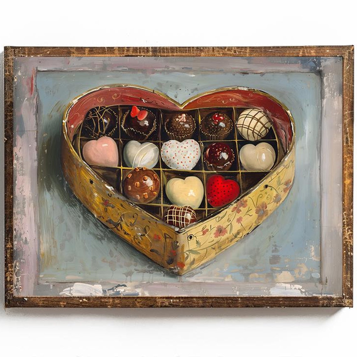 Vintage Heart Shaped Tin Box Full of Valentine Chocolates Poster