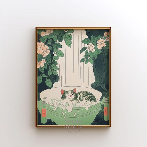 Japanese Cat Bathing in a Green Tub Ukiyo-e Style Funny Art Poster