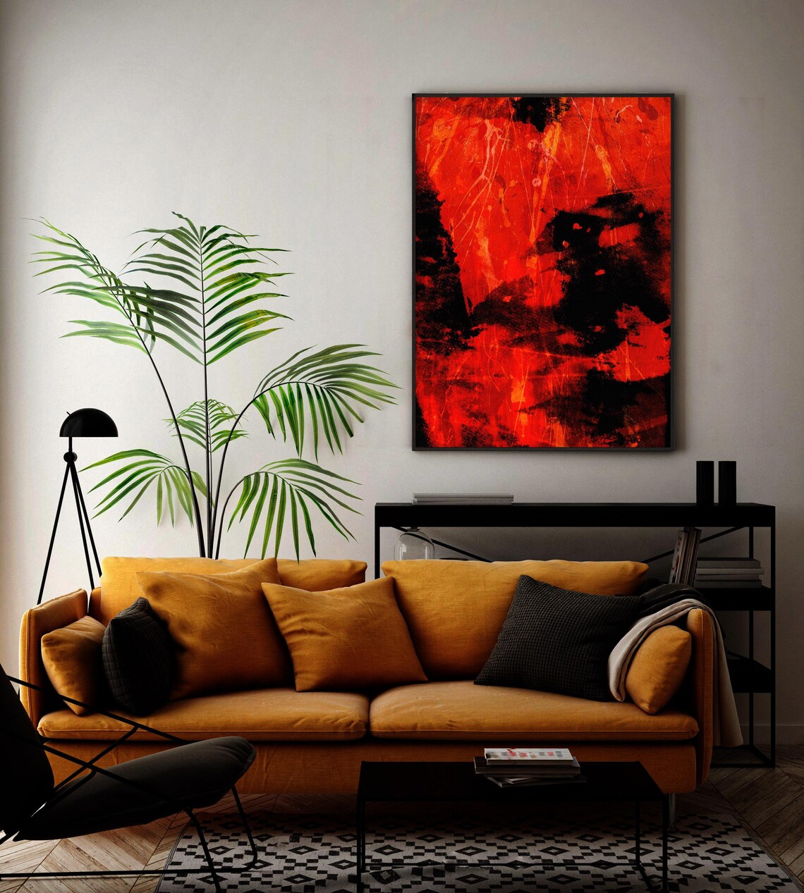 Nature At Dusk Abstract Acrylic Painting With Vibrant Red And Black Colors And Dynamic Textured Patterns Download - Image 2