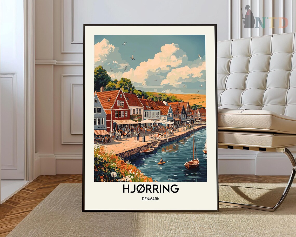 Hjorring Denmark Vintage Travel Poster of a Harbor Town Retro Art