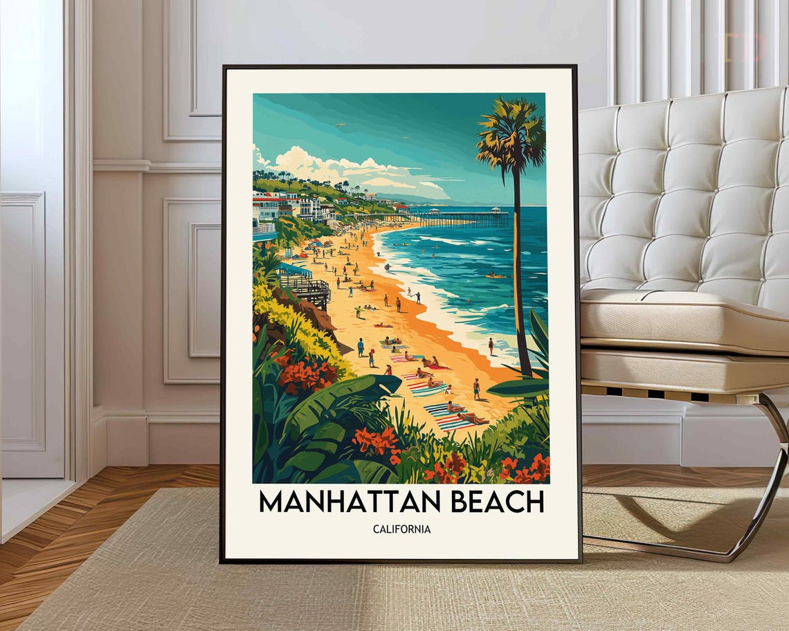 Manhattan Beach California Surf Crowd Pier Sunny Coast Poster