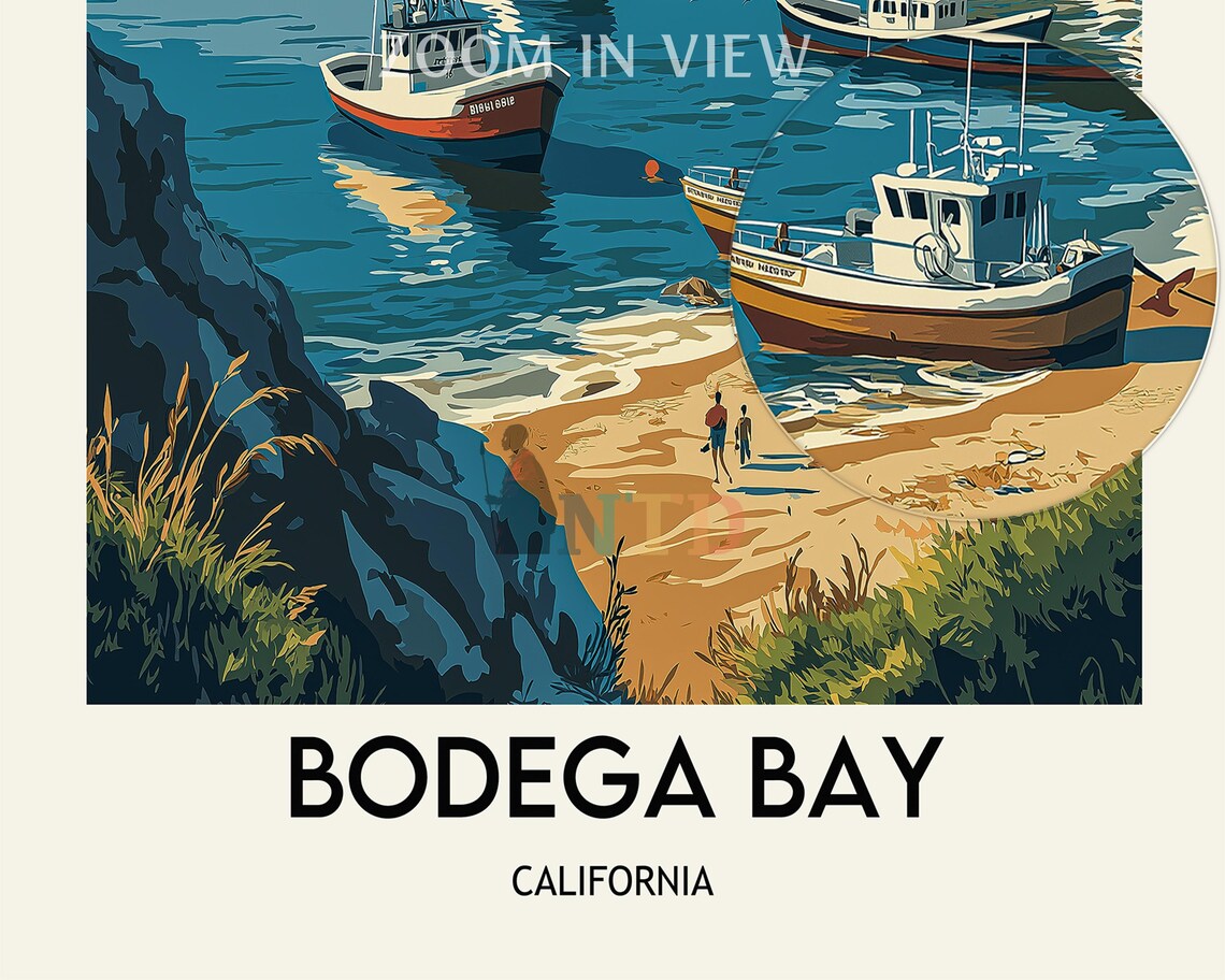 Bodega Bay California Fishing Boats Rocky Cove Cliffs Poster - Image 2