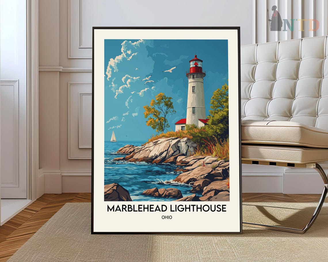 Marblehead Lighthouse Ohio Rocky Coast Vintage Travel Poster