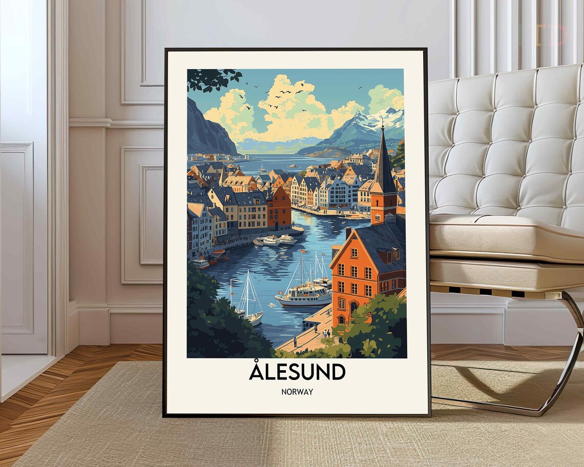 Alesund Norway Harbor Colorful Travel Illustration Art Poster