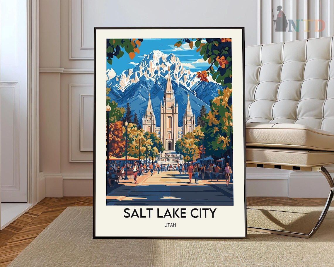 Salt Lake City Utah Historic Temple Mountain Vintage Travel Poster