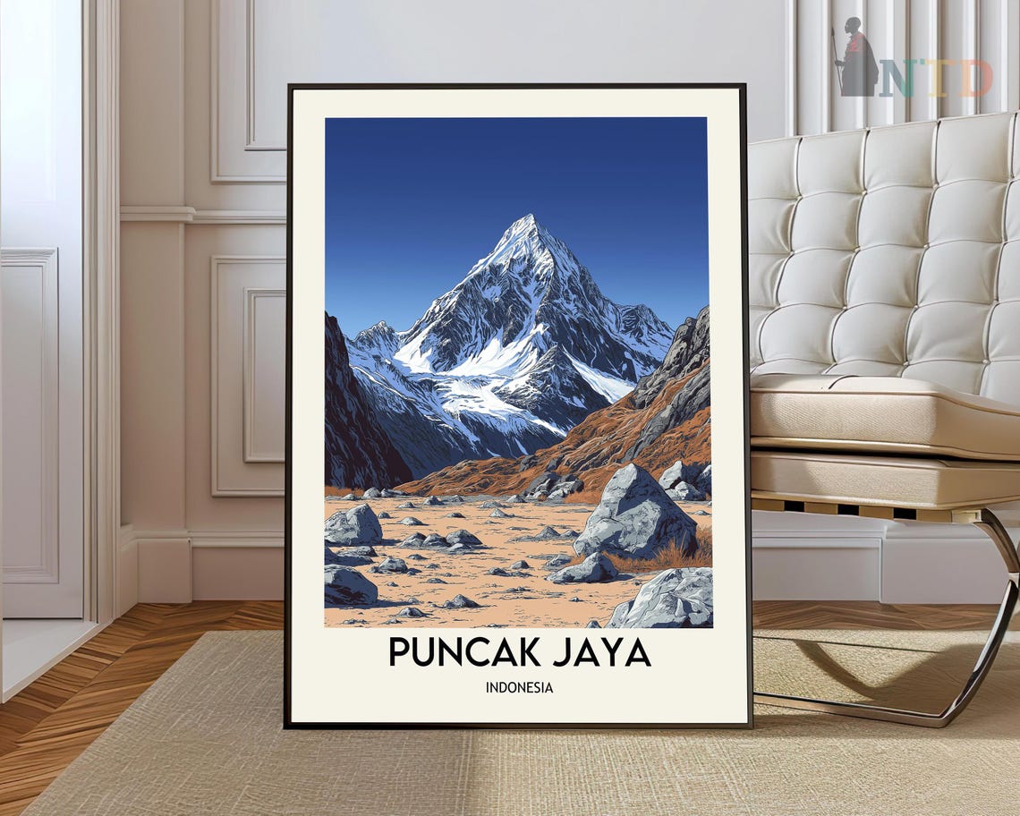 Puncak Jaya Indonesia Snow Capped Peak Rocky Valley Travel Poster