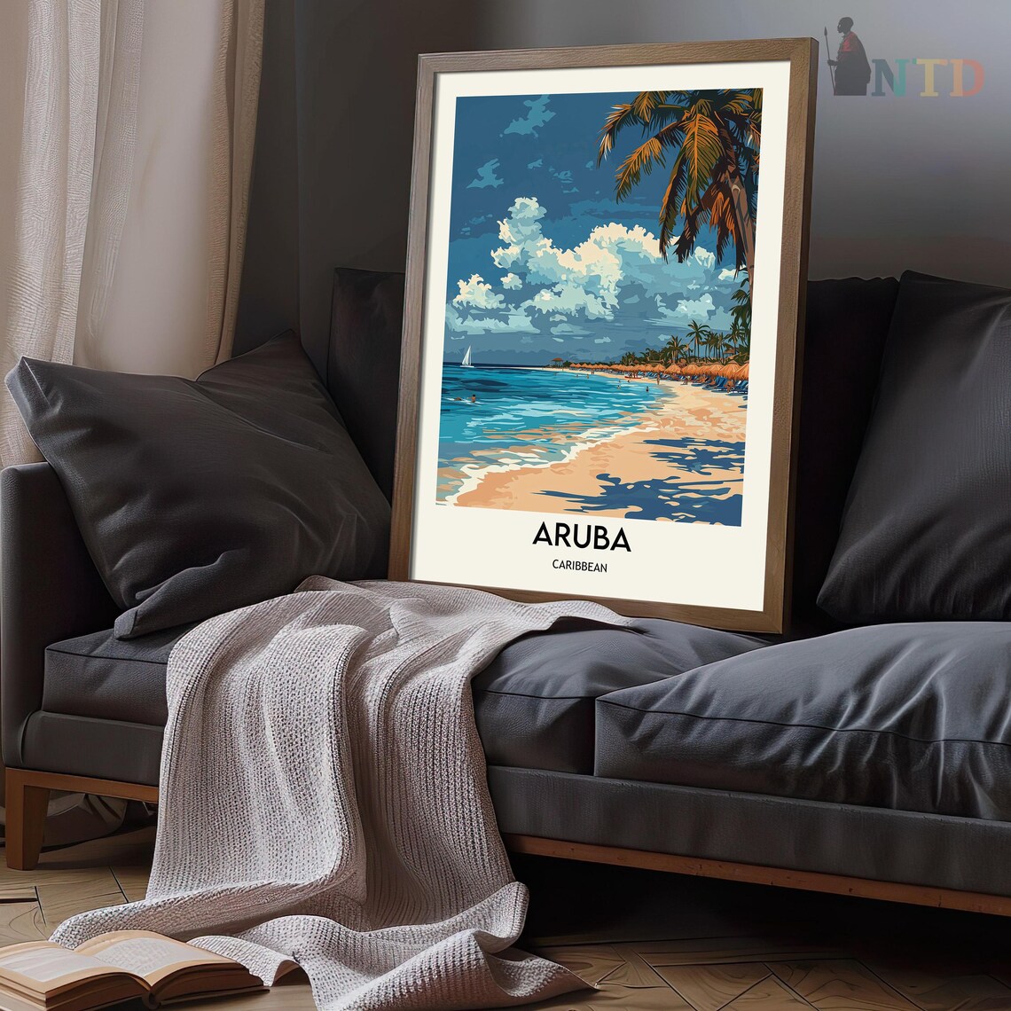 Aruba Palm-Lined Beach with Sailboats on the Caribbean Sea Poster - Image 3