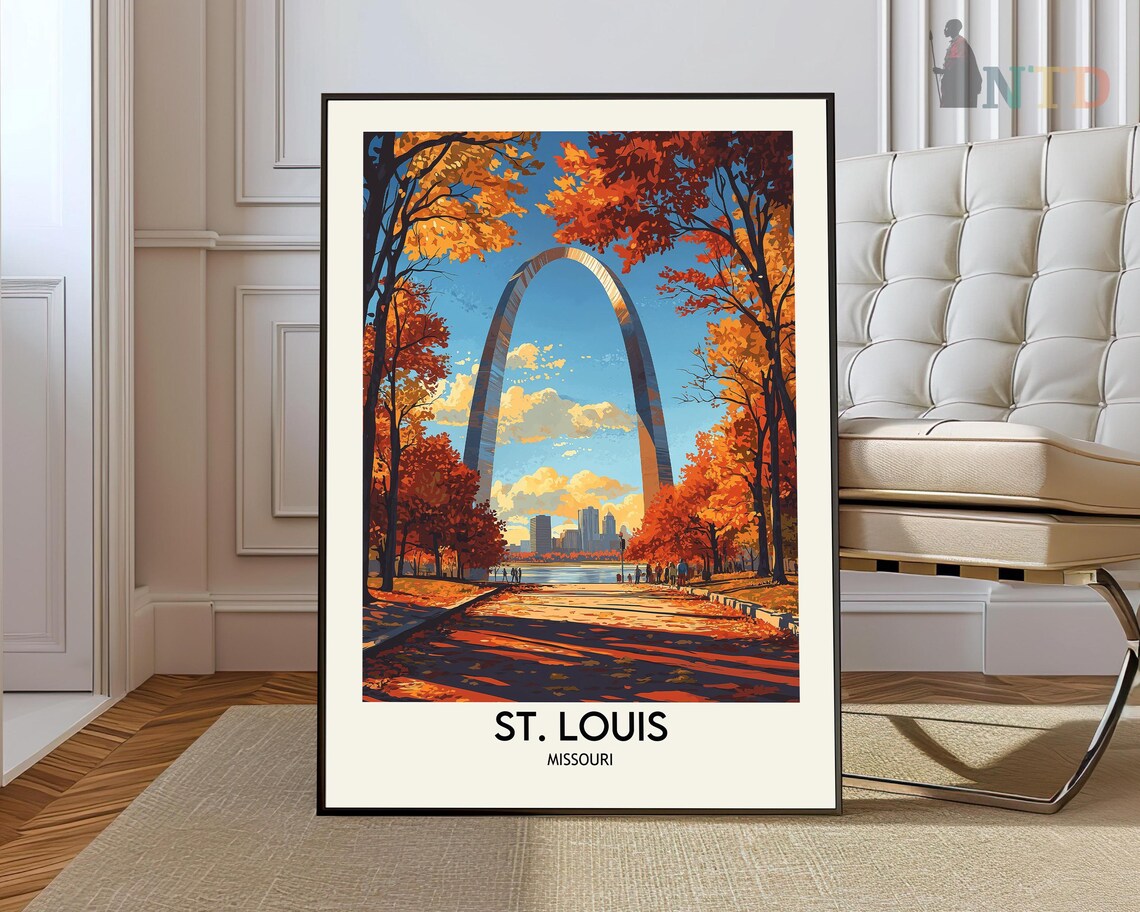 St Louis Missouri Gateway Arch Fiery Autumn Trees Travel Poster