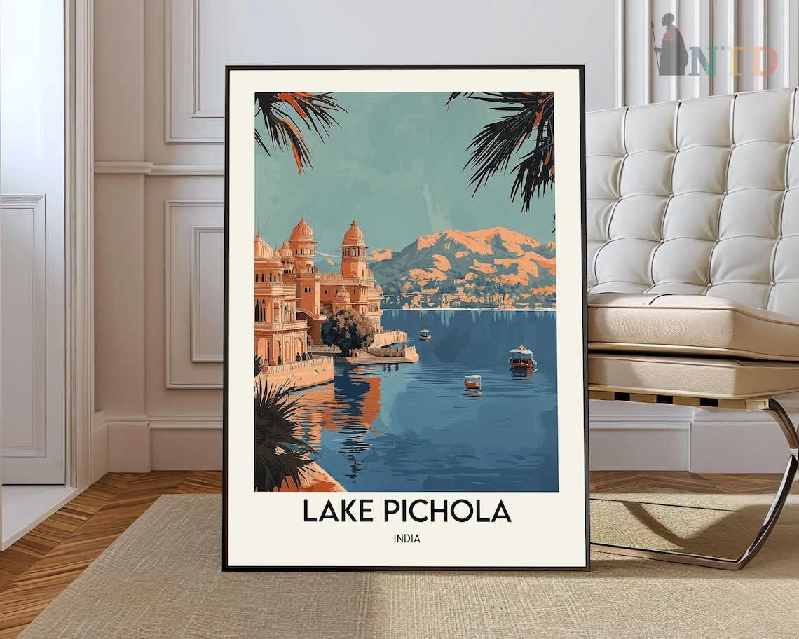 Lake Pichola Udaipur India Colorful Lakeside Cityscape Travel Poster