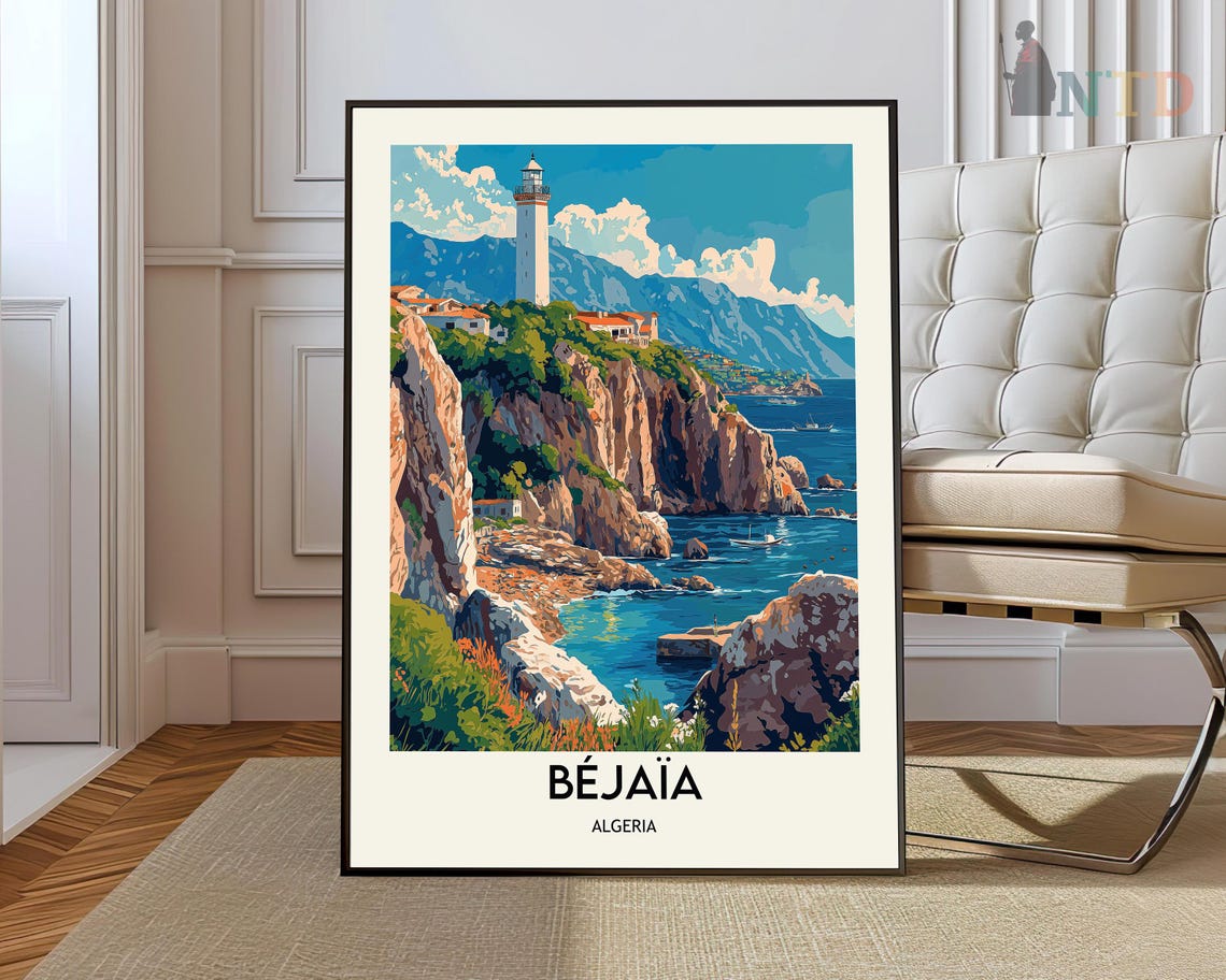 Bejaia Algeria Lighthouse Rocky Cliffs Coast Vintage Travel Poster