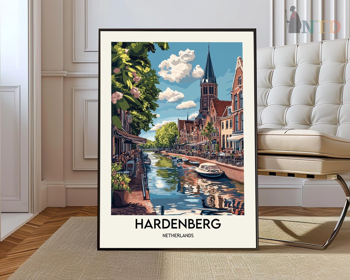 Hardenberg Netherlands Flower-Lined Canal Retro Tourism Poster