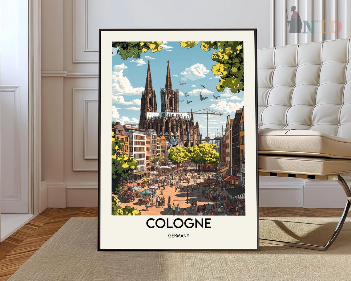 Cologne Germany Cathedral Towers Over A Lively Market Square Poster