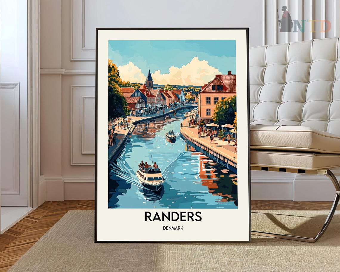 Randers Denmark Riverside Old Town Boats Vintage Travel Poster