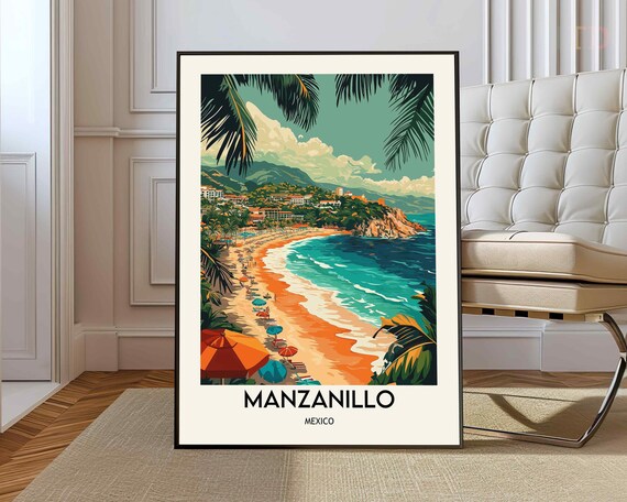 Manzanillo Mexico Tropical Beach Palm Trees Vintage Travel Poster