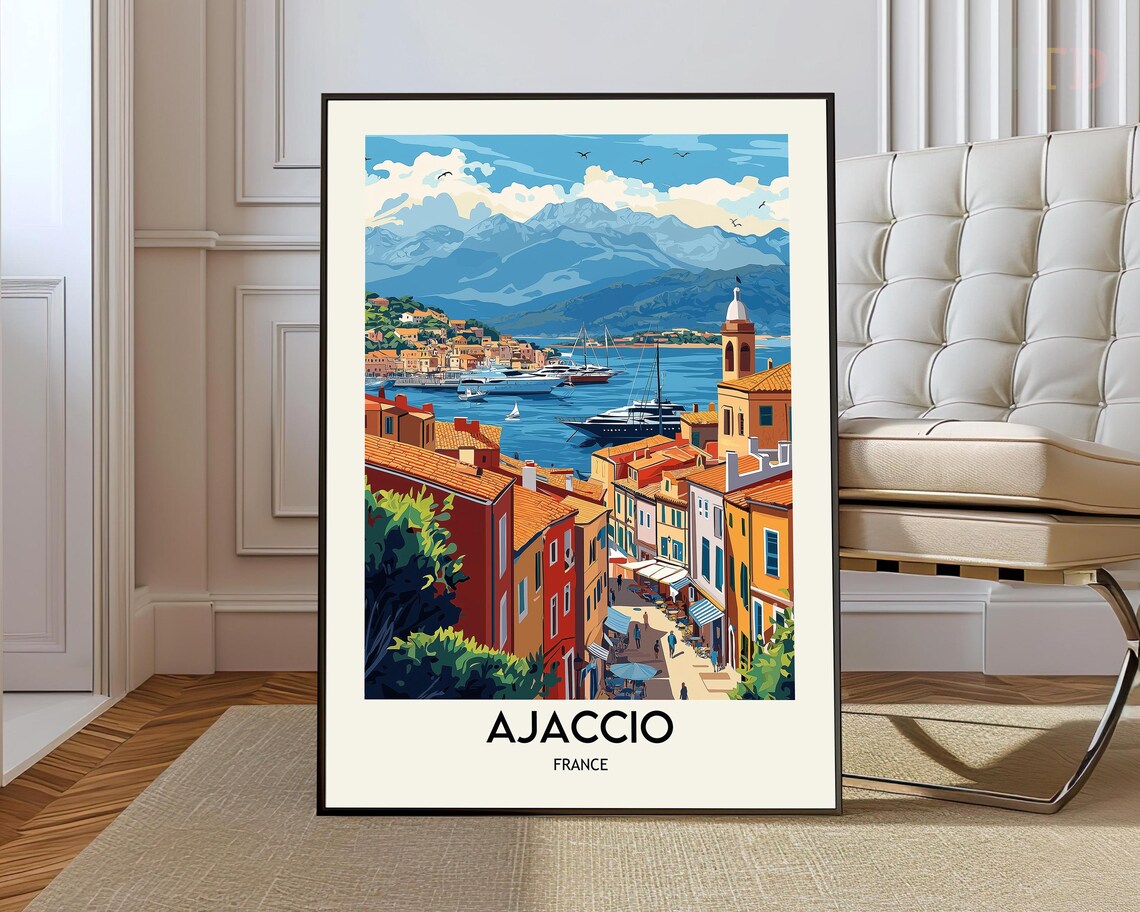 Ajaccio Corsica France Waterfront Harbor and Mountains Travel Poster