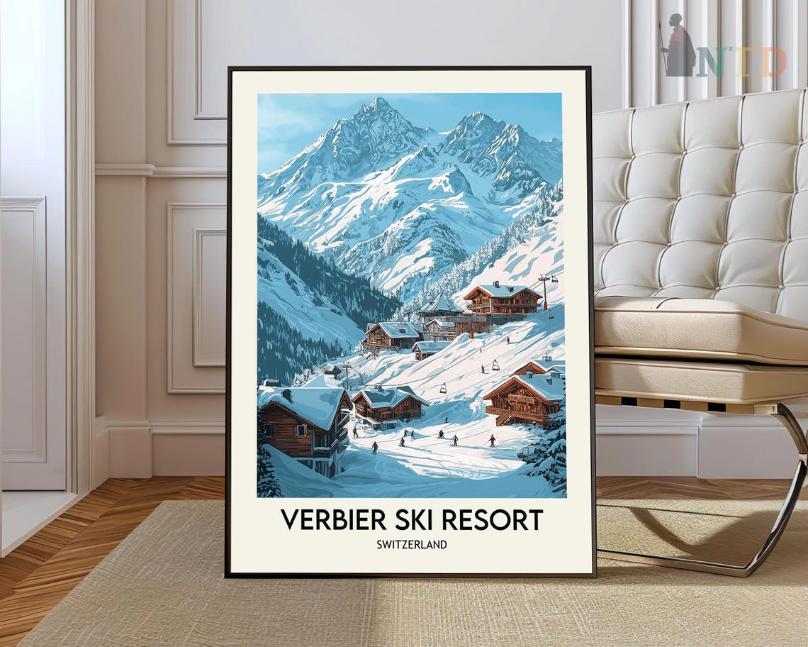 Verbier Ski Resort Snow Chalets Blue Sky Peaks Travel Poster