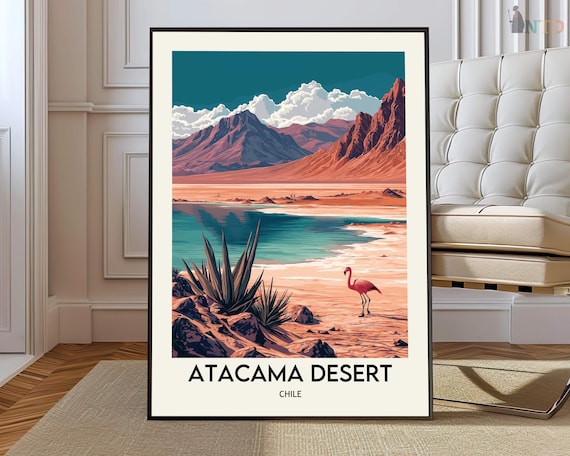 Atacama Desert Chile Flamingo Lagoon Mountains Illustrated Poster