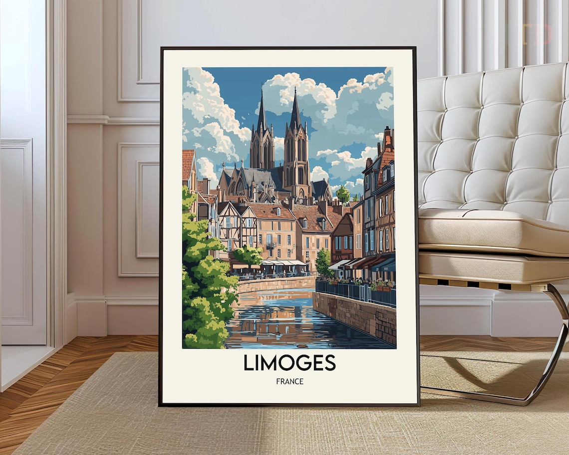 Limoges France River Cathedral Half Timbered Town Travel Poster