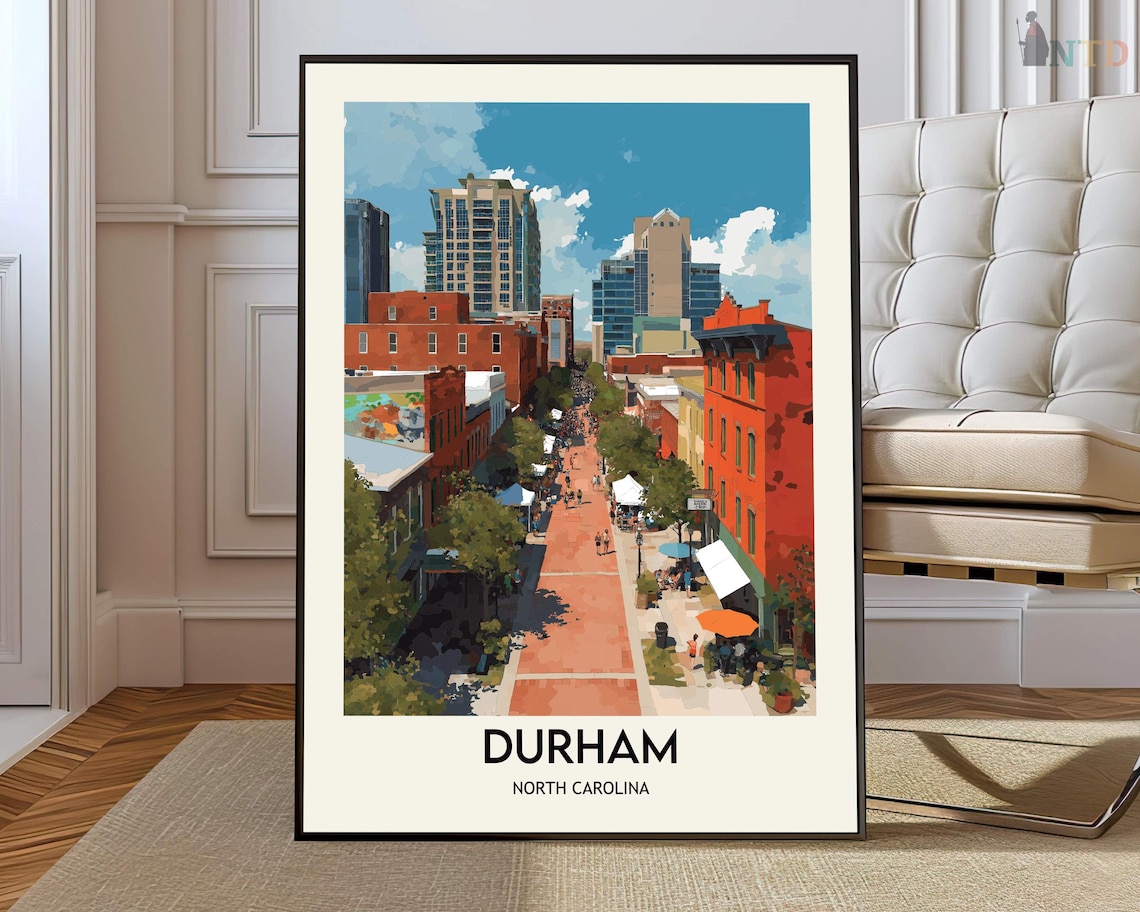 Durham North Carolina Downtown Brick Street Vintage Travel Poster