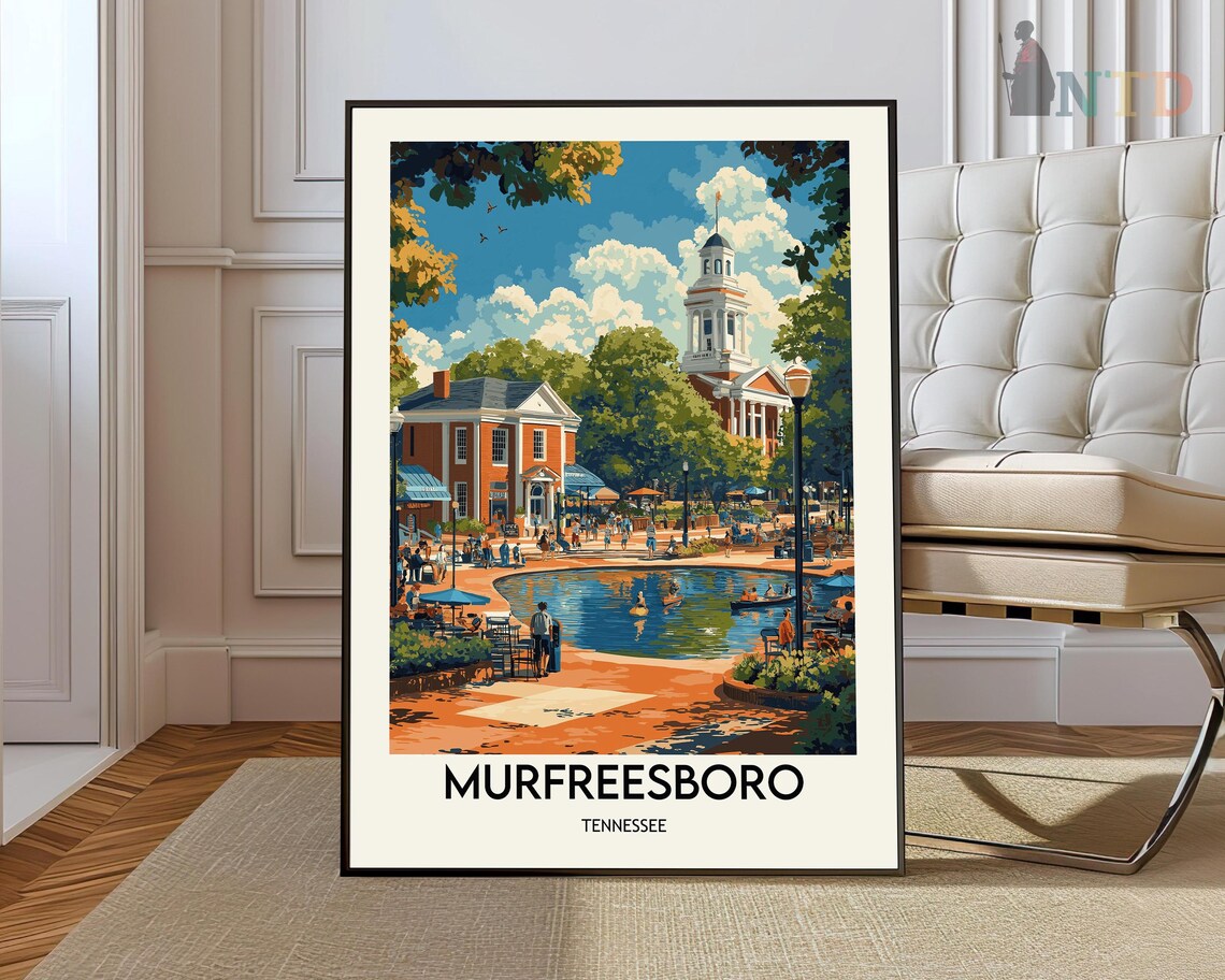 Murfreesboro Tennessee Downtown Square Fountain Vintage Travel Poster