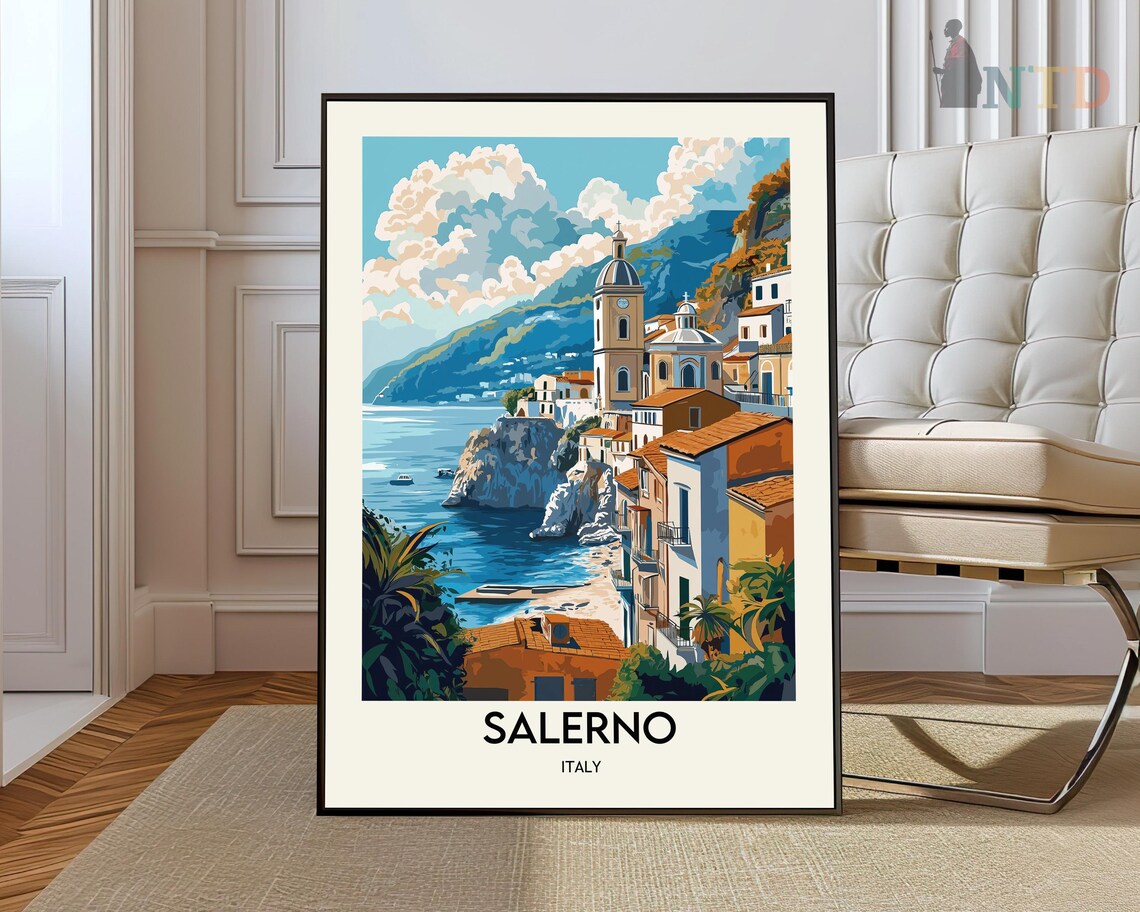 Salerno Italy Amalfi Coast Seaside Town Vintage Travel Poster