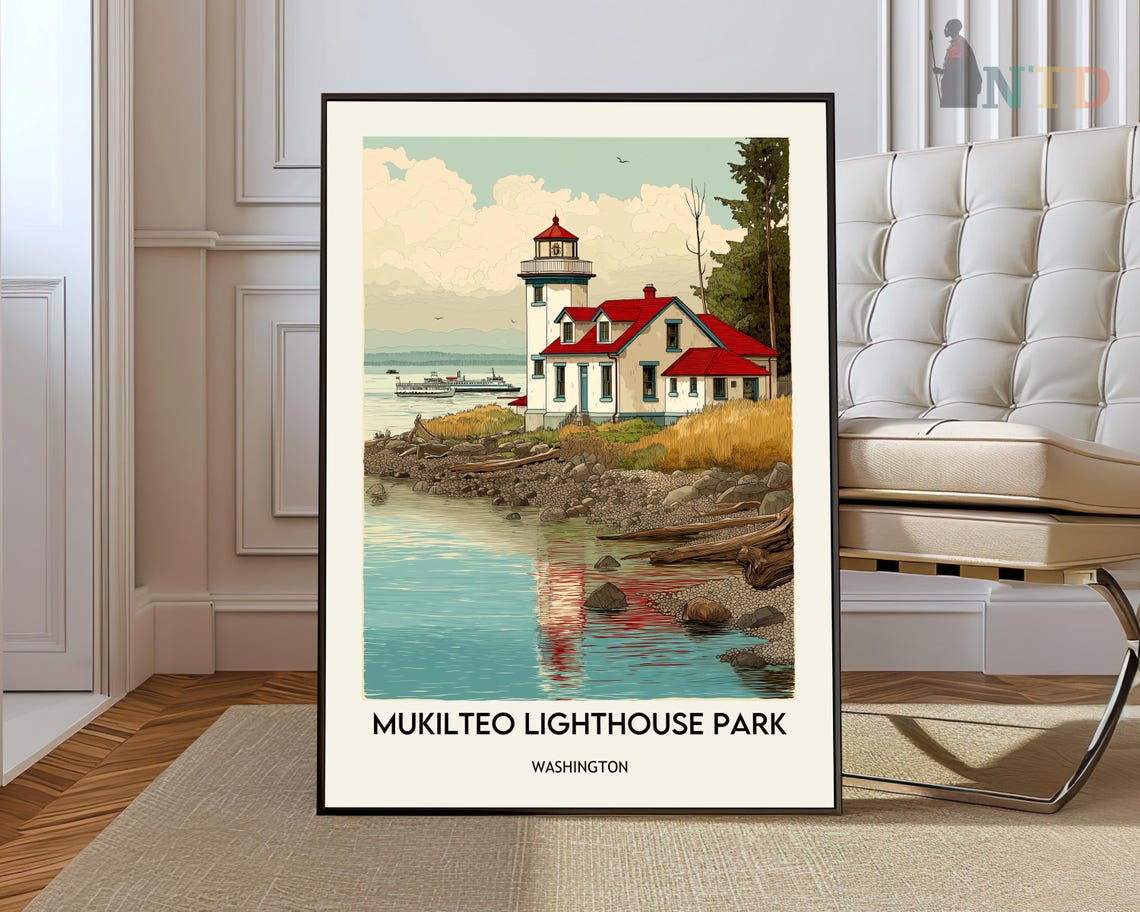 Mukilteo Lighthouse Park Washington Vintage Travel Wall Poster