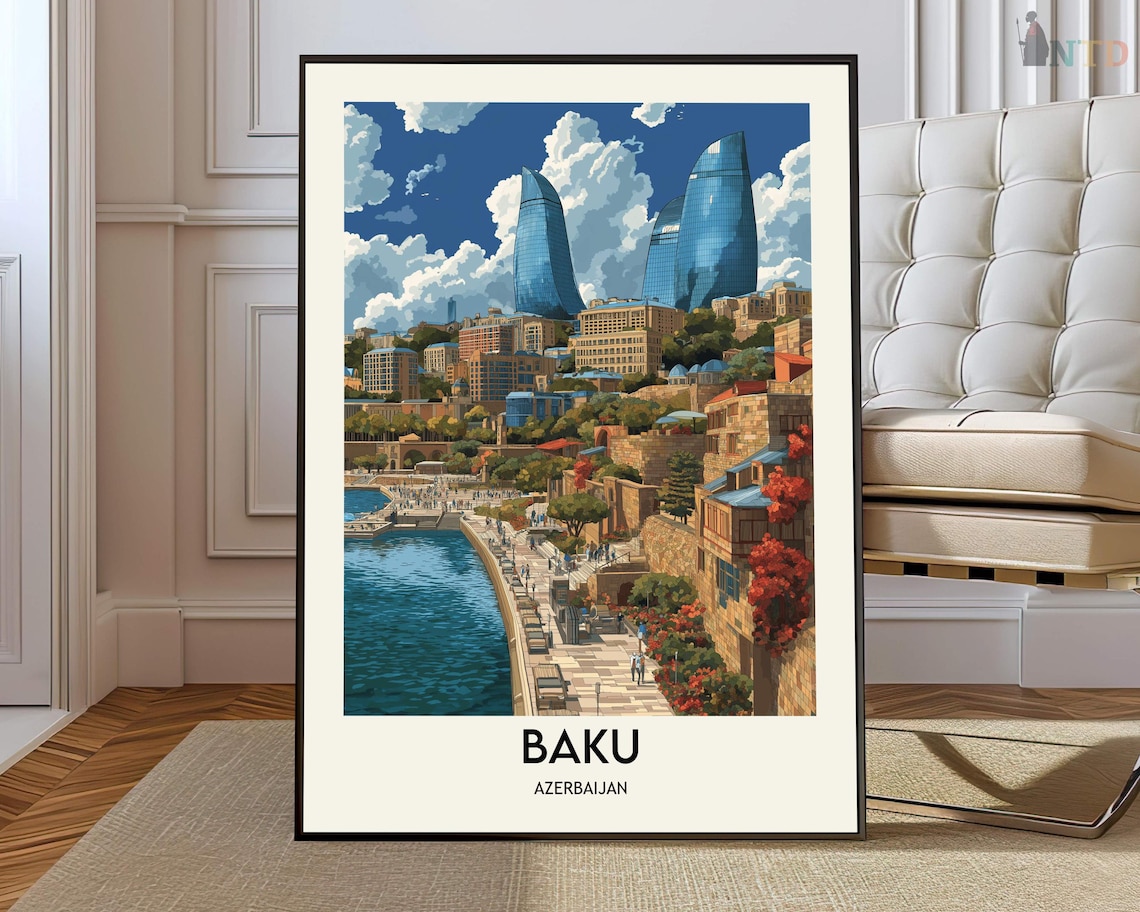 Baku Azerbaijan Flame Towers Waterfront Promenade Travel Poster