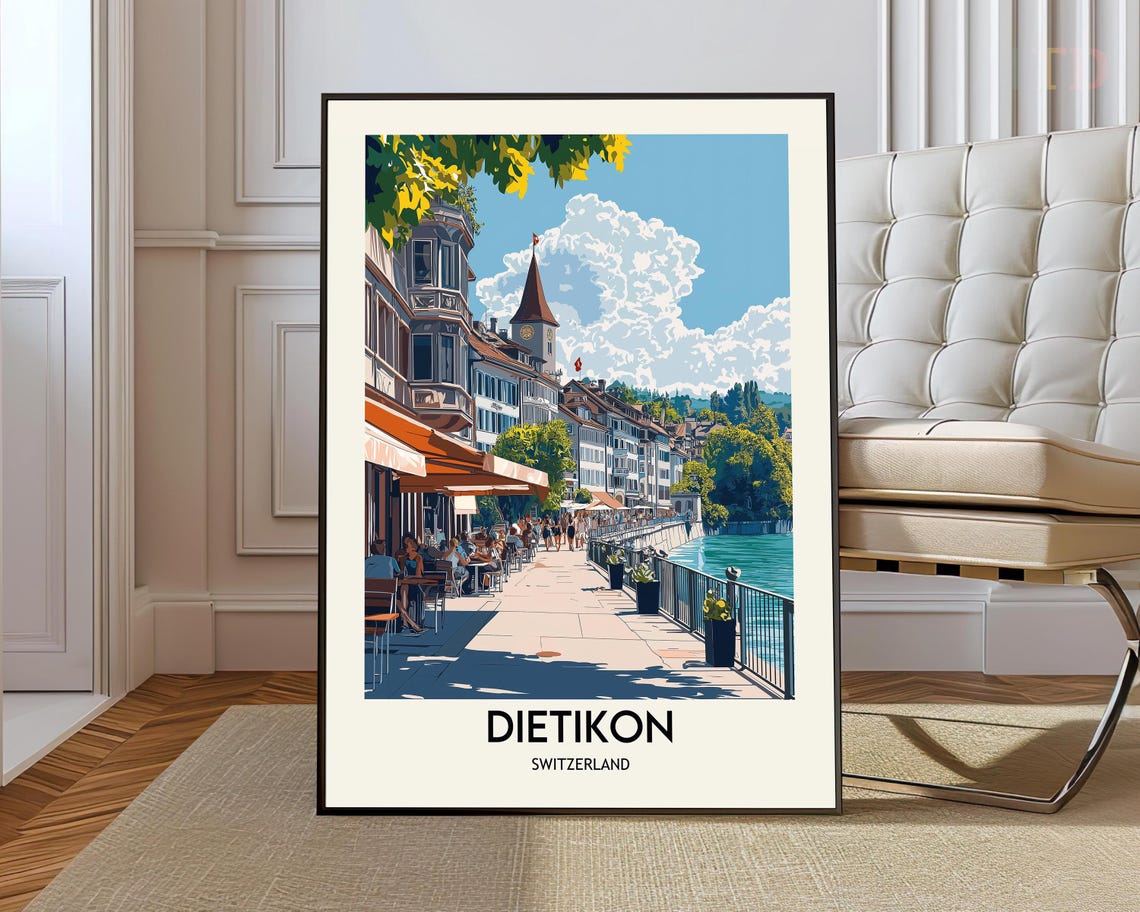 Dietikon Switzerland Riverside Travel Poster With Old Town Promenade
