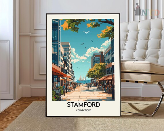 Stamford Connecticut Downtown Street Harbor Sailboats Travel Poster