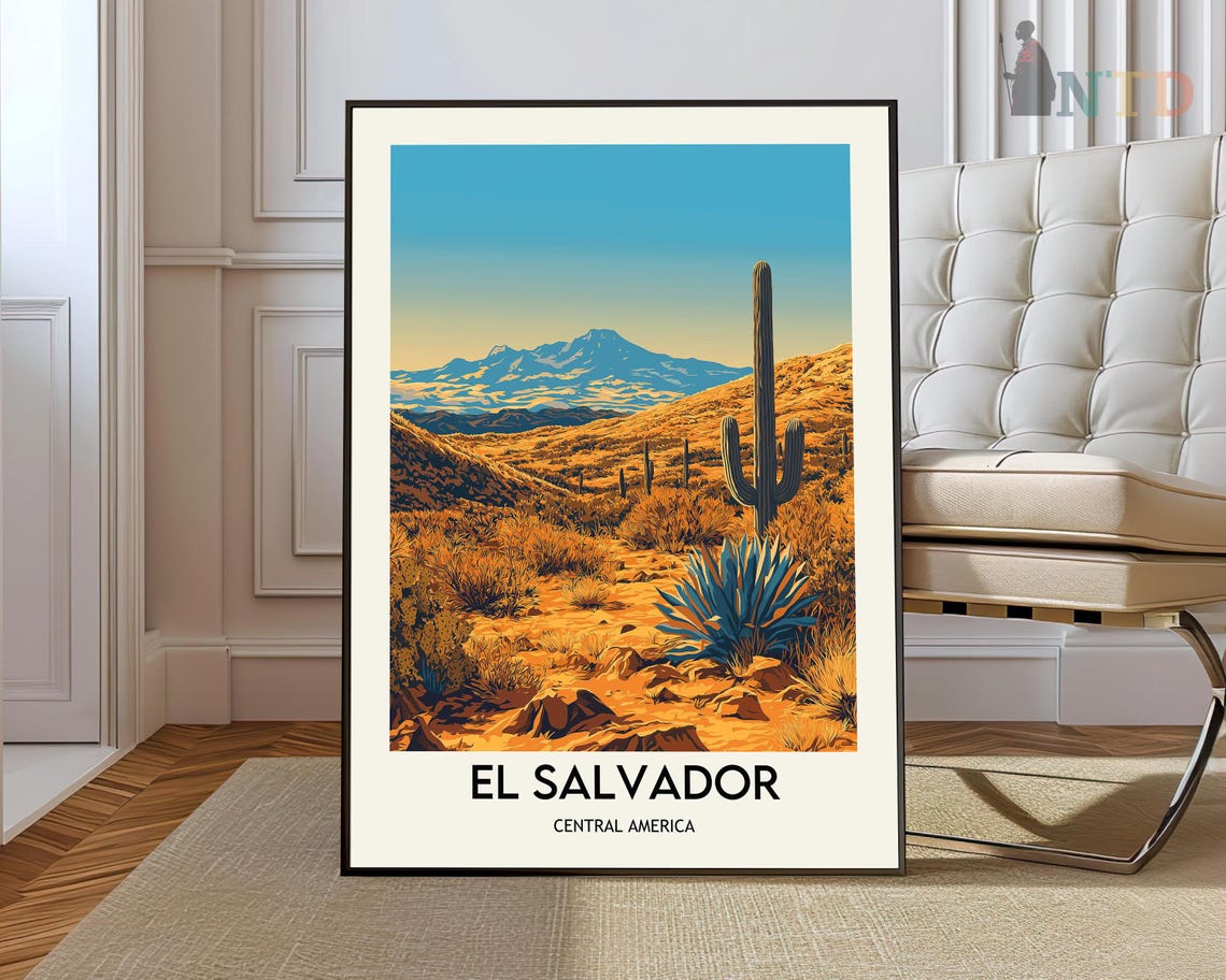 El Salvador Central America Desert Cactus Golden Travel Poster