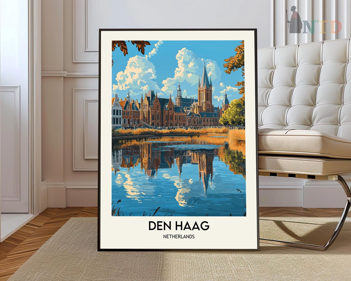 Den Haag Netherlands Historic Canal Reflection Vintage Travel Poster