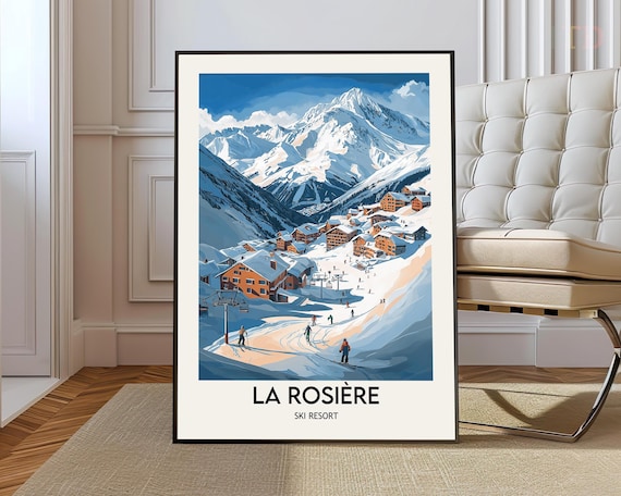 La Rosière Ski Resort Poster Alpine Village Skiers Snowy Peaks