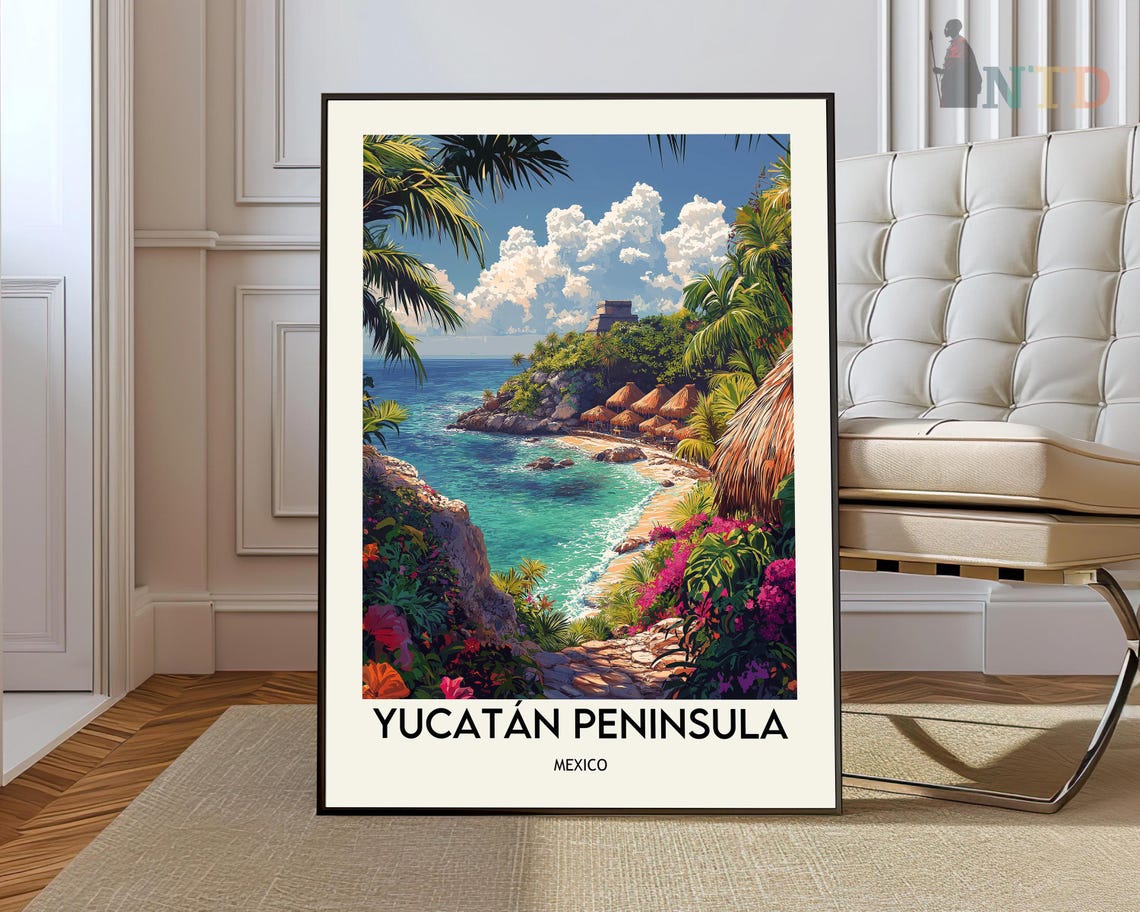 Yucatan Peninsula Mexico Tropical Coast Cliff Ruins Travel Poster