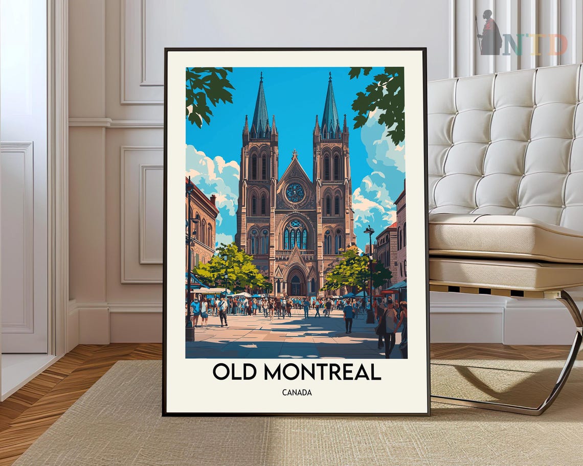 Old Montreal Cathedral Plaza Crowd Vintage Travel Poster Canada