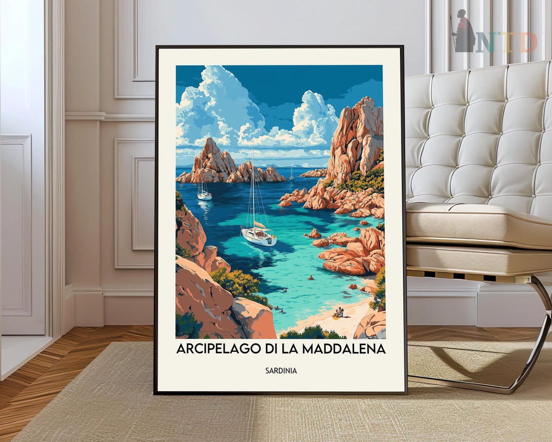 La Maddalena Archipelago Sardinia Sailboats Illustrated Travel Poster