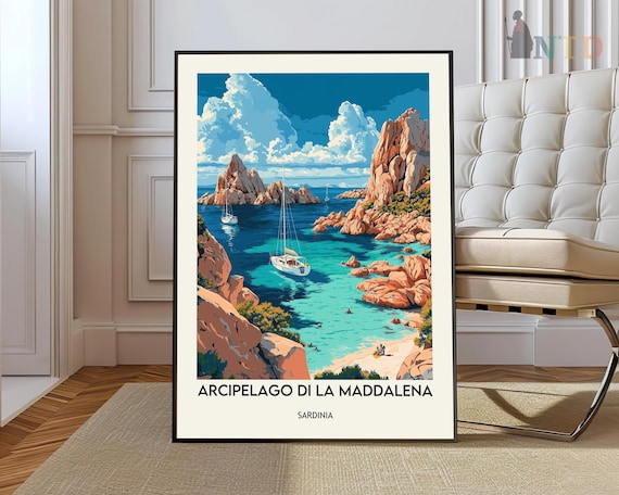La Maddalena Archipelago Sardinia Sailboats Illustrated Travel Poster